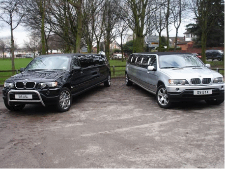 Chauffeur stretched silver and black BMW X5 limousine hire in Leeds, Bradford, West Yorkshire, Nottingham, Derby, Nottinghamshire, Derbyshire, Midlands.