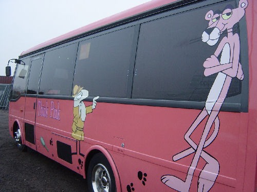 Chauffeur driven Pink Panther Party Bus limo hire in Birmingham, Coventry, Dudley, Wolverhampton, Telford, Worcester, Walsall, Stafford, Midlands